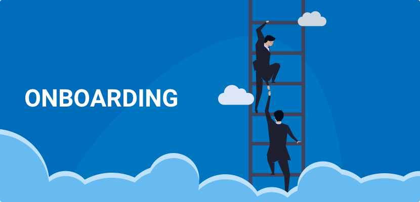 Onboarding graphic showing person getting help up a ladder