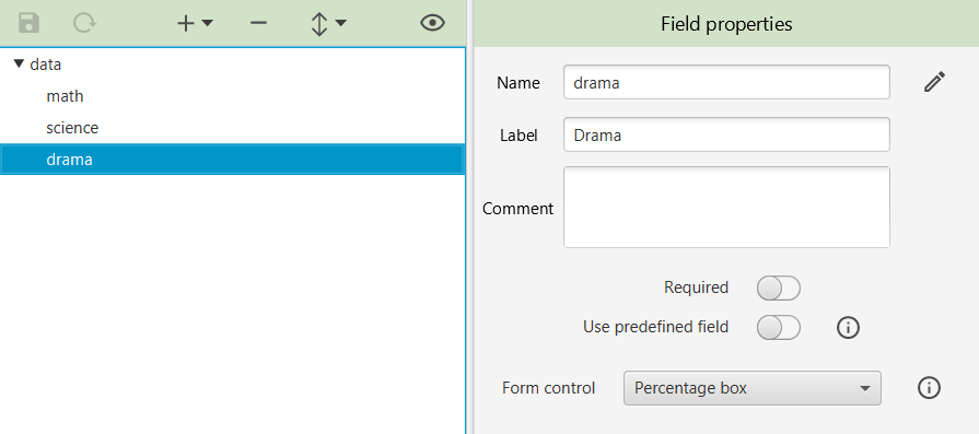 Data setup screen for grades