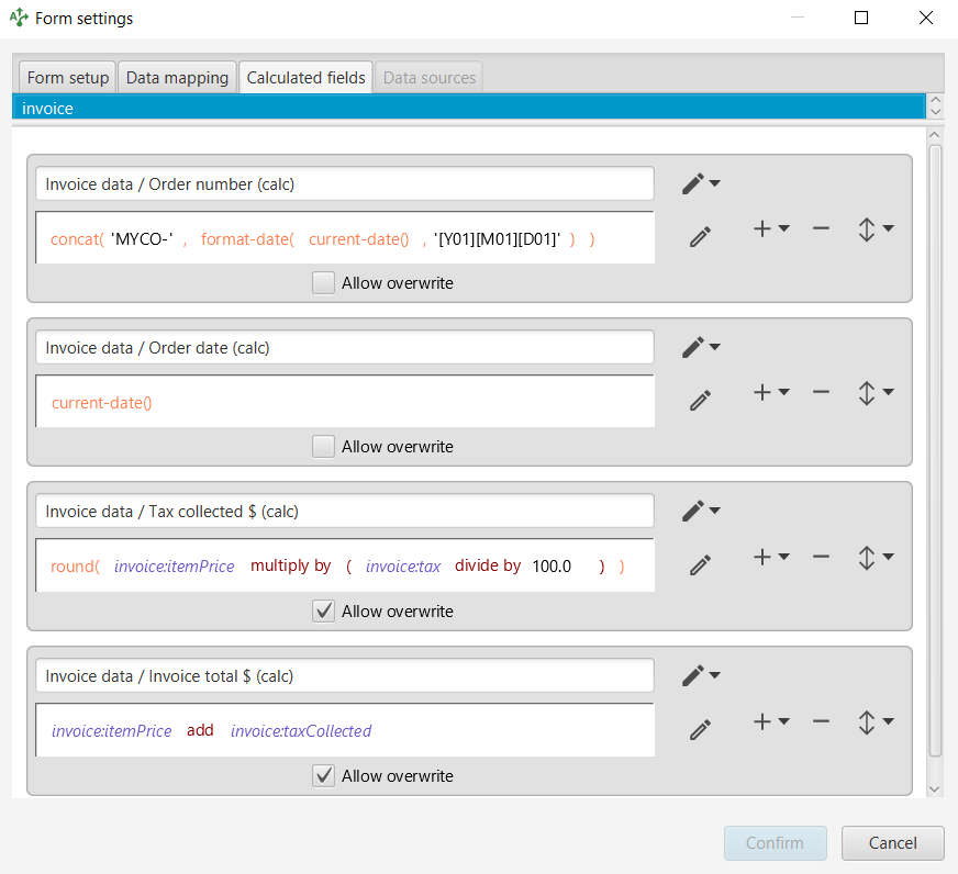Calculated fields in template editor