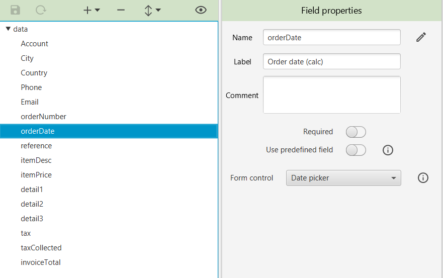 Data setup file for invoice data, with all fields