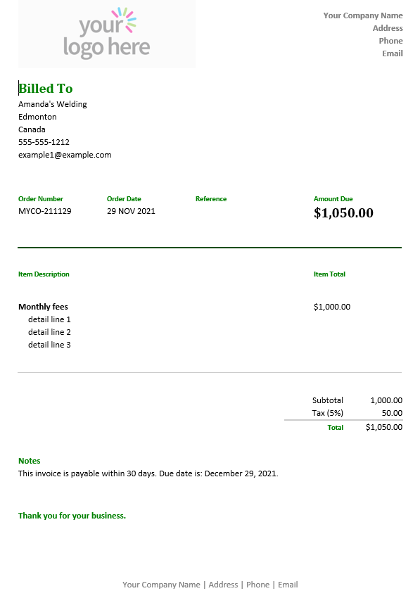 Screenshot of generated invoice