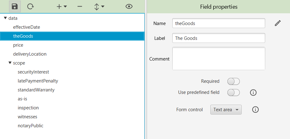 Data setup screen for contract data