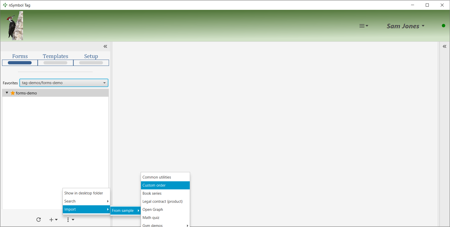 Importing sample files into an empty folder in the Forms screen