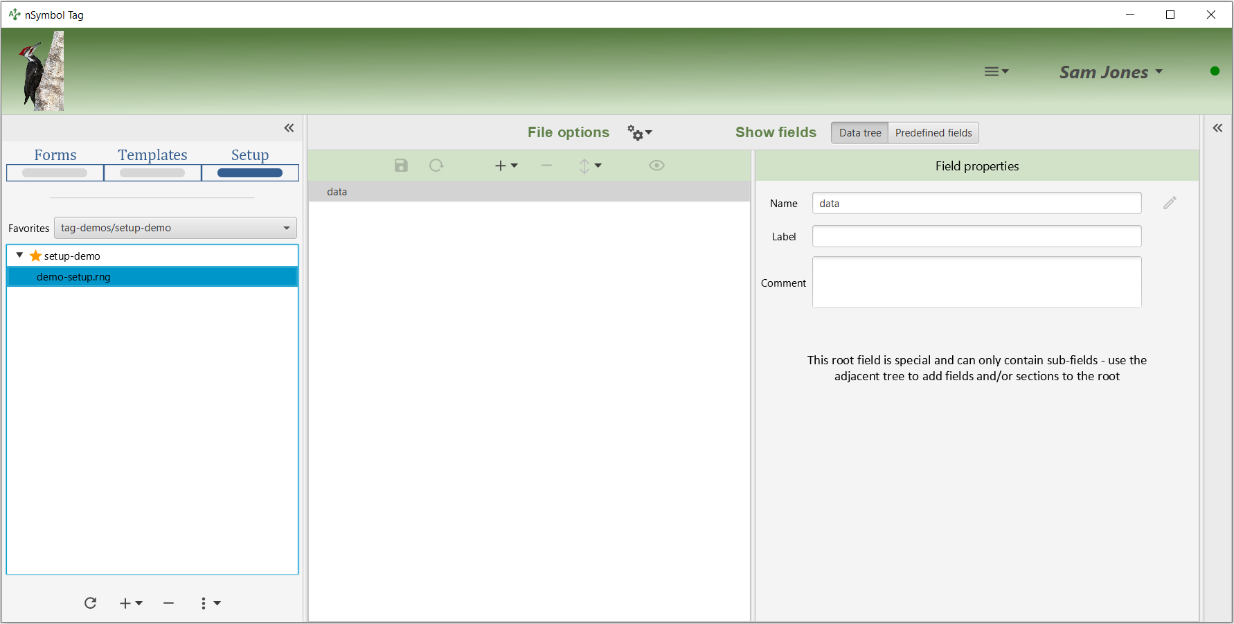 Empty data tree with the root 'data' field selected