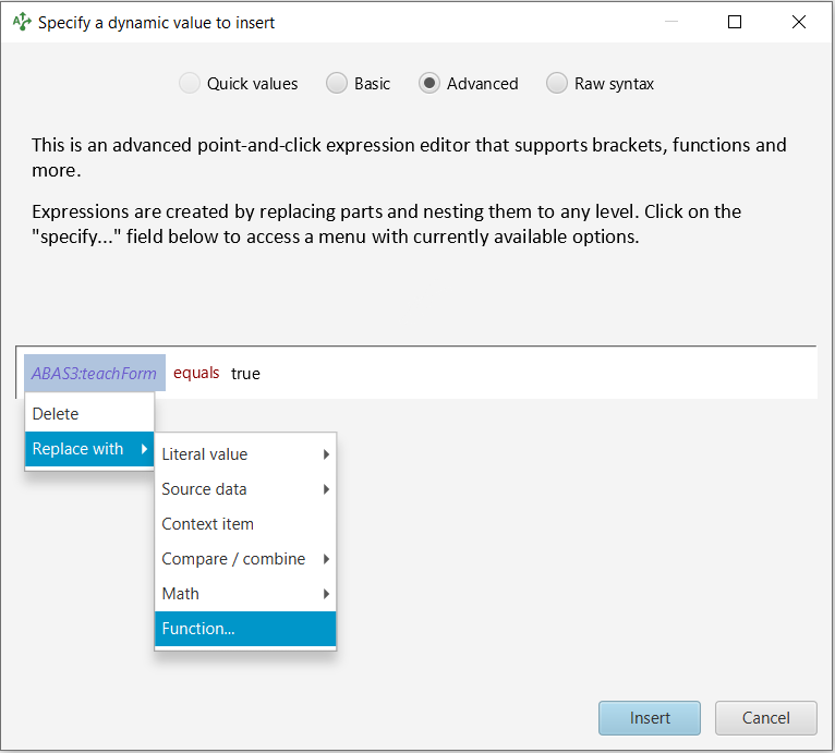 Advanced expression editing panel