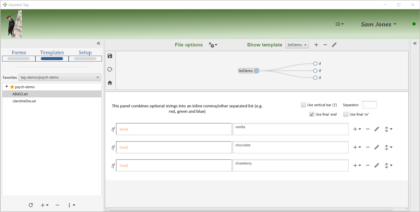 Showing strings and expressions for a Combine strings inline widget template