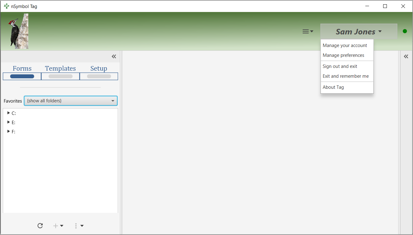 Shows Account menu on main header panel that has user name as a label