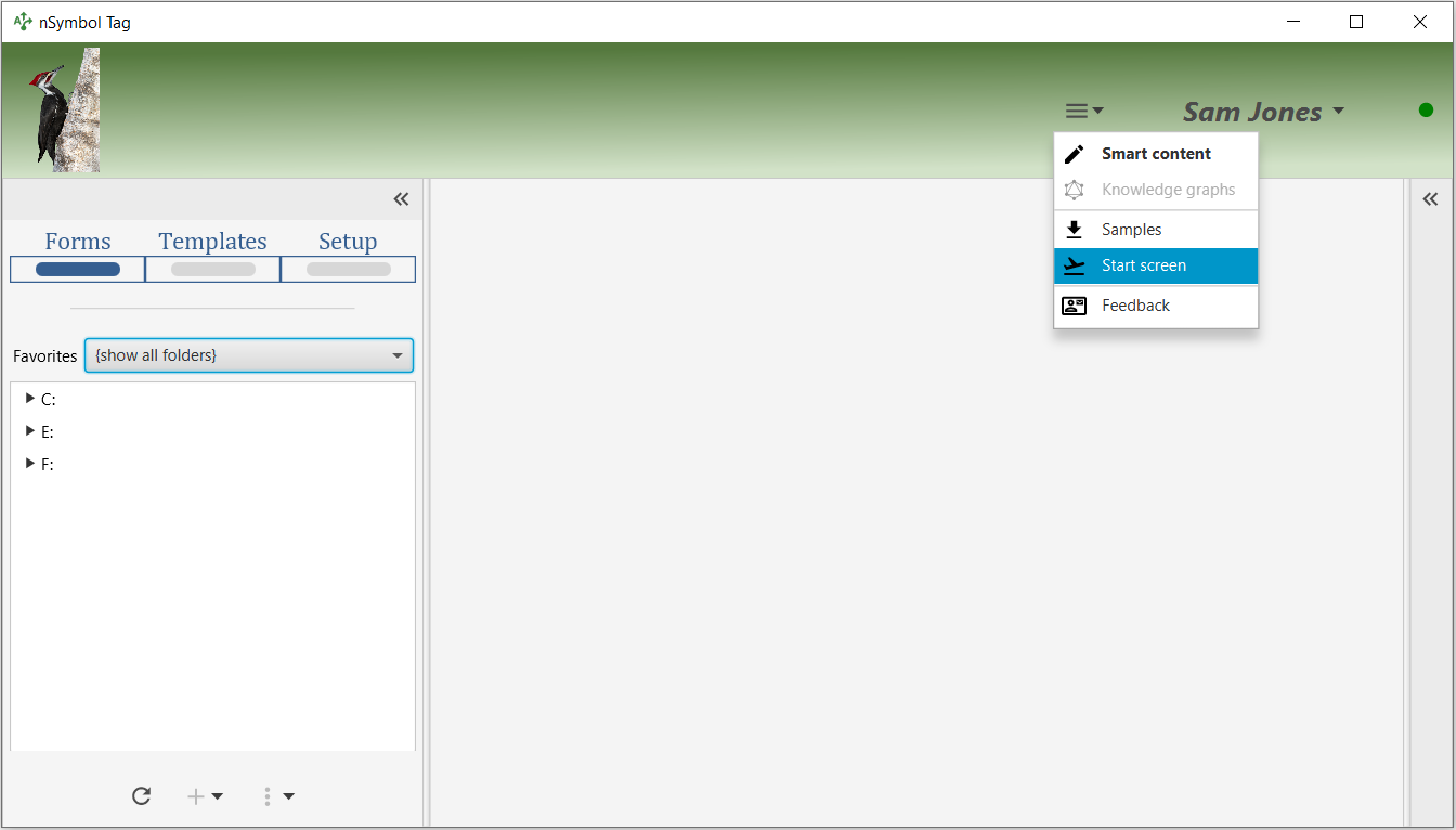Shows App menu on main header panel that looks like a hamburger
