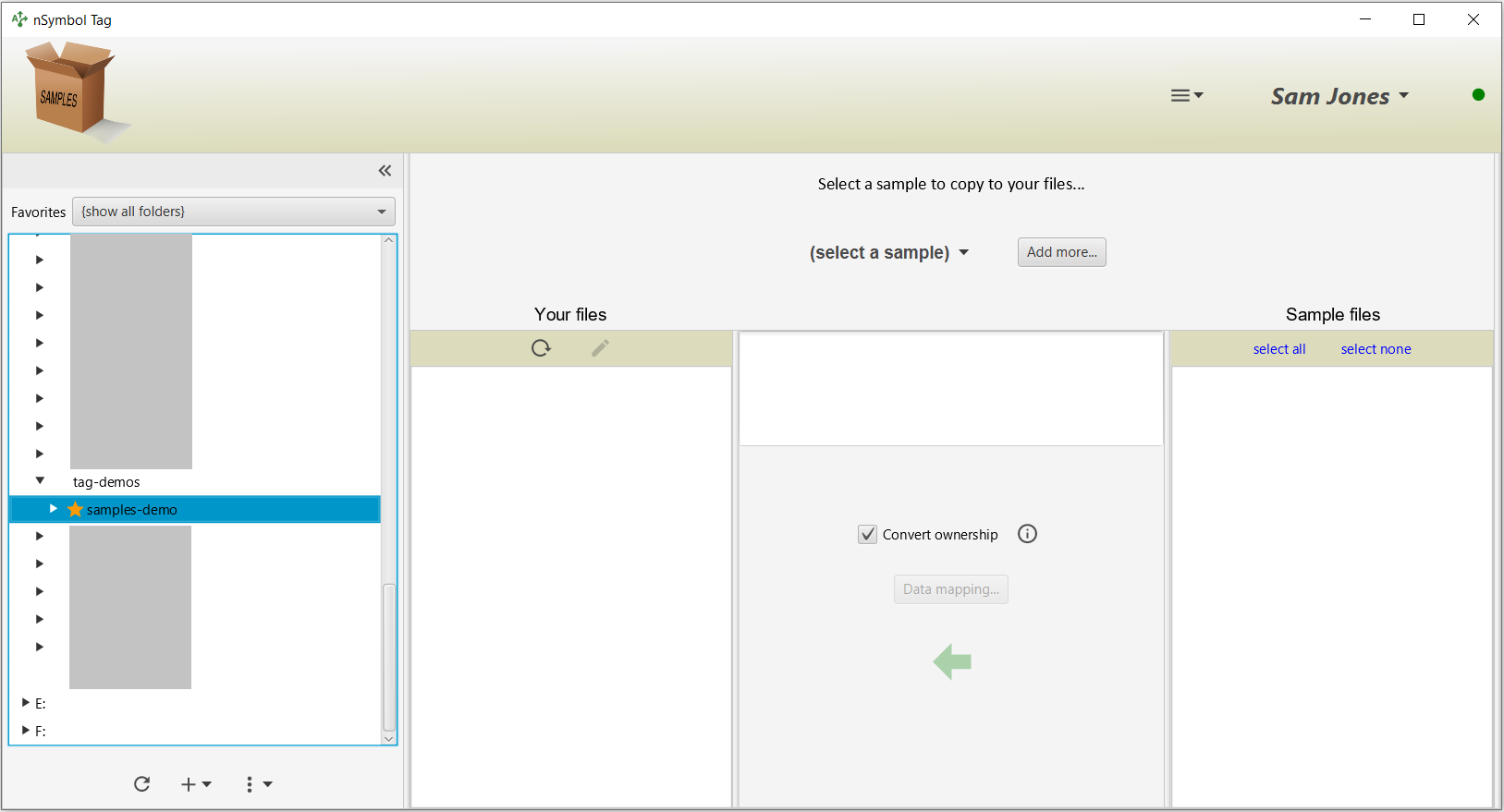 Samples app after selecting a folder to copy files into