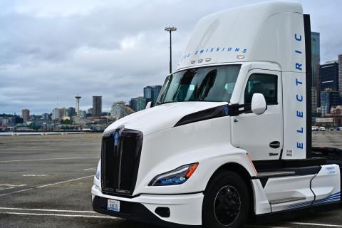 A zero emission truck on a port terminal