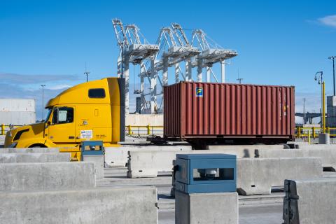 A truck goes through the new gate complex at Terminal 5 in Seattle. The modernized gate complex doubles the on-terminal truck queuing capacity at Terminal 5. 