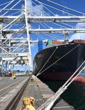 the MV bright from the front of the vessel with Seattle in the background