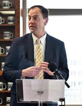 Northwest Seaport Alliance Director of Business Development Steve Balaski speaks during a signing ceremony in Olympia for an interlocal agreement to develop an Inland Logistics Hub in southeastern Washington on Thursday, February 5, 2026. 