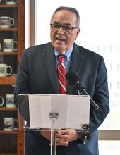 Northwest Seaport Alliance Co-chair Dick Marzano speaks during a signing ceremony in Olympia for an interlocal agreement to develop an Inland Logistics Hub in southeastern Washington on Thursday, February 5, 2026. 