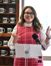 Port of Benton Director of Government Affairs Cassie Losey speaks during a signing ceremony in Olympia for an interlocal agreement to develop an Inland Logistics Hub in southeastern Washington on Thursday, February 5, 2026. 