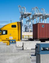 A truck goes through the new gate complex at Terminal 5 in Seattle. The modernized gate complex doubles the on-terminal truck queuing capacity at Terminal 5. 