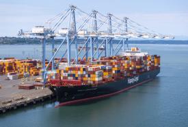 Hapag-Lloyd vessel Kuala Lumpur Express at berth at Husky Terminal front view