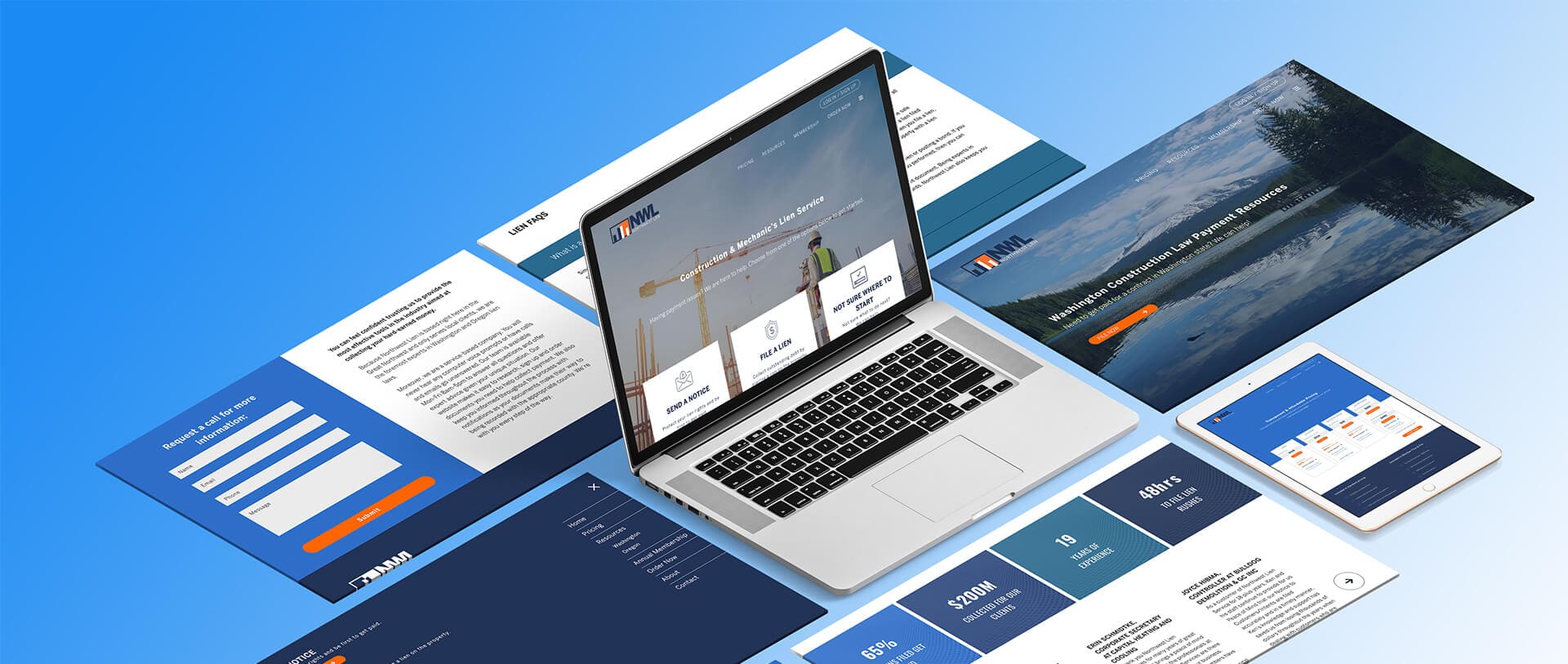 Multiple screenshots of Northwest Lien Service website, one as laptop mockup, at angle on gradient blue background