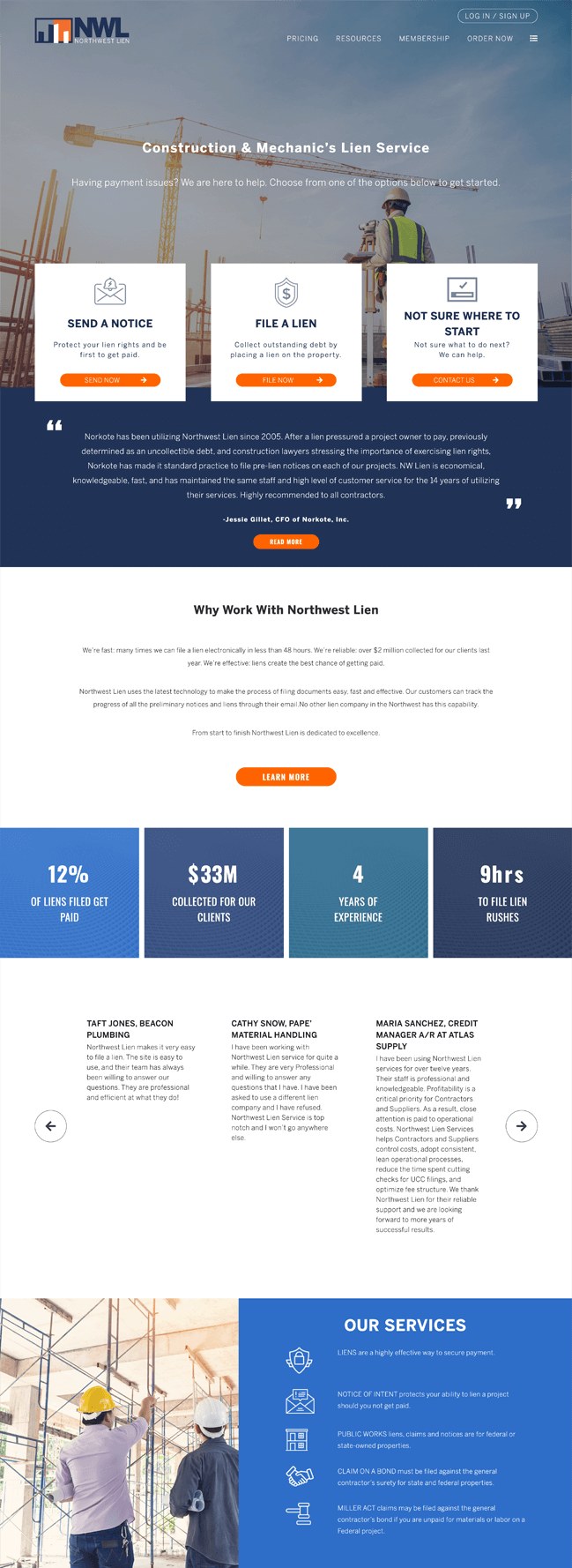 Northwest Lien homepage with construction-related imagery and brand colors