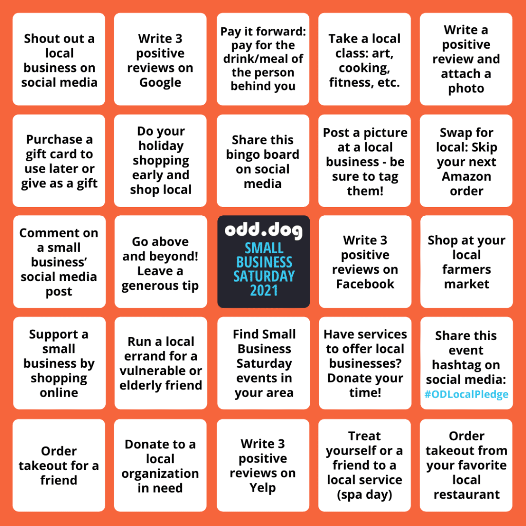 Odd Dog Small Business Saturday bingo card 2021
