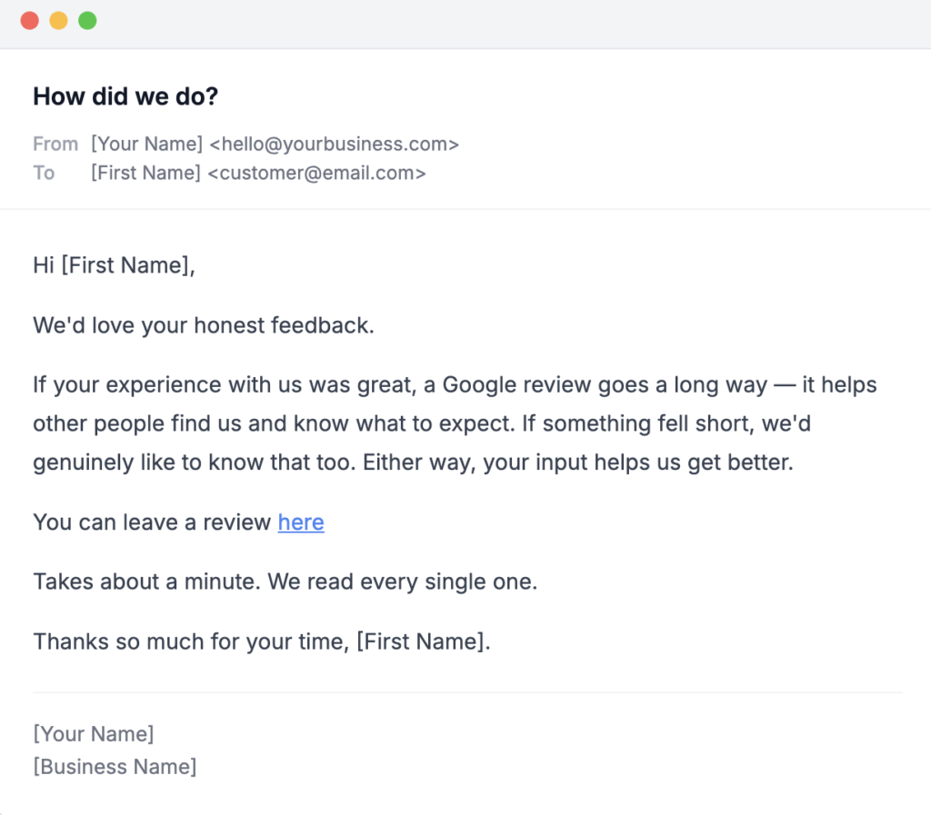 Screenshot 2026-04-23 at 12.33.05 PM An email template asking for a customer review with the subject line "How did we do?".