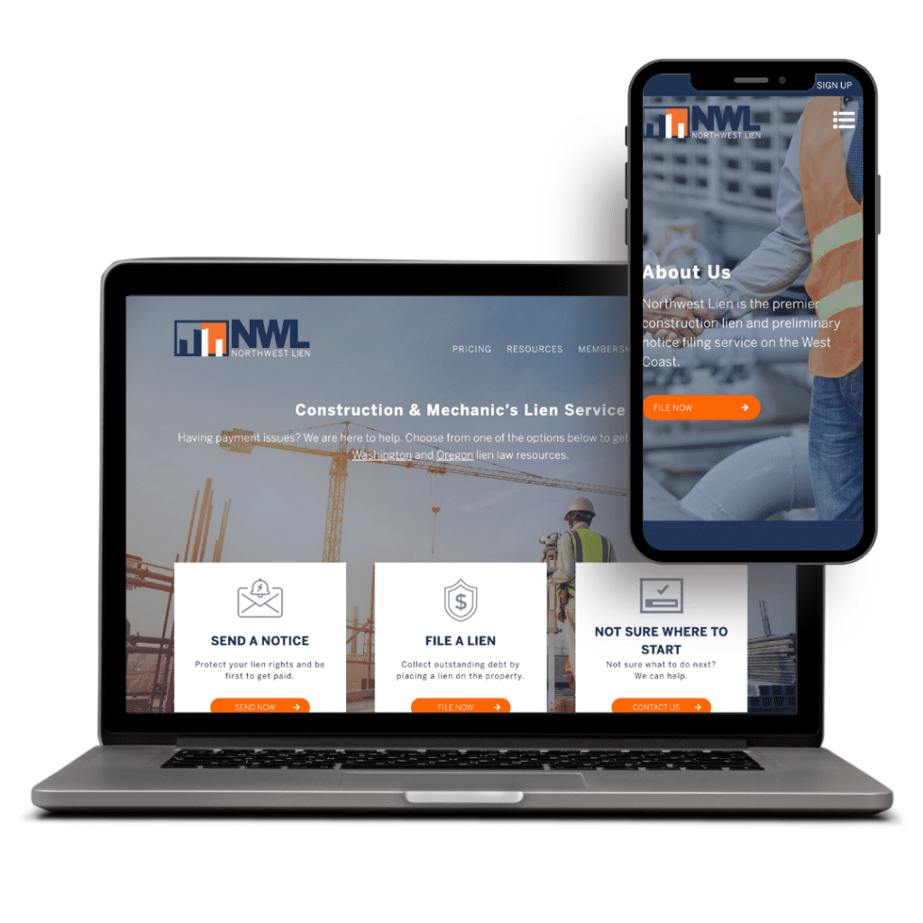 A laptop and a smartphone display the Northwest Lien website, featuring construction images, service options like Send a Notice and File a Lien, and the company logo at the top.