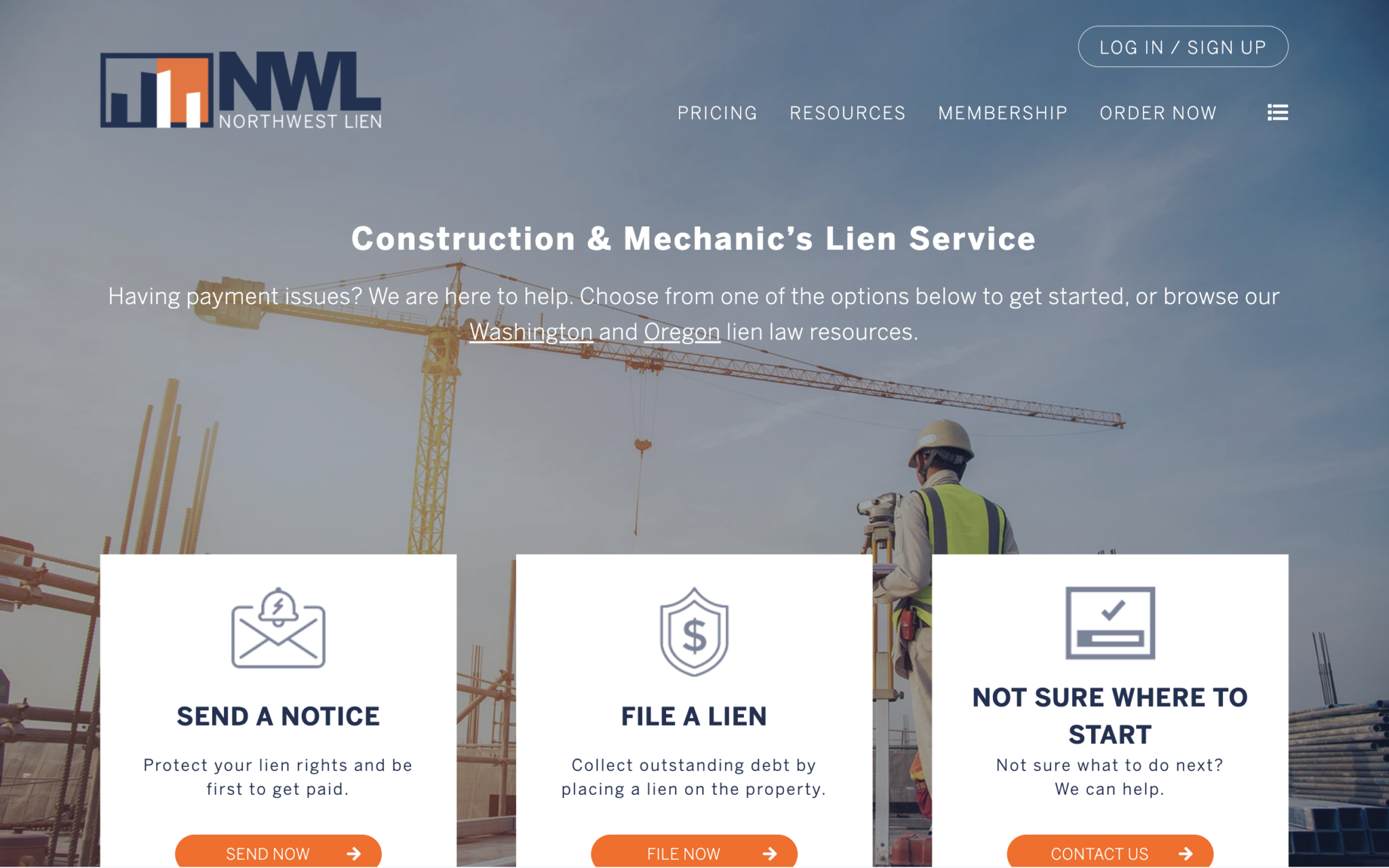 Northwest Lien Service homepage with three primary buttons and image of construction worker as background image. Website built by Odd Dog.