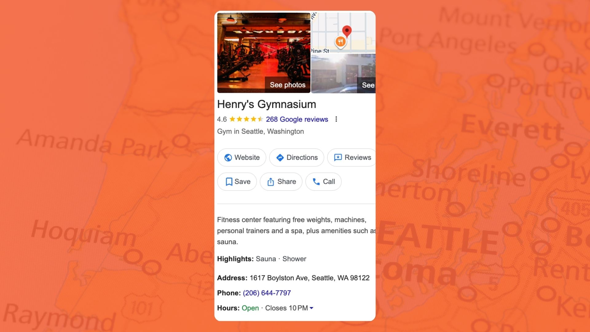 Screenshot of Henry's Gym Google Business Profile on orange map background
