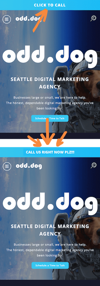 The Odd Dog mobile site A/B testing top call to action text