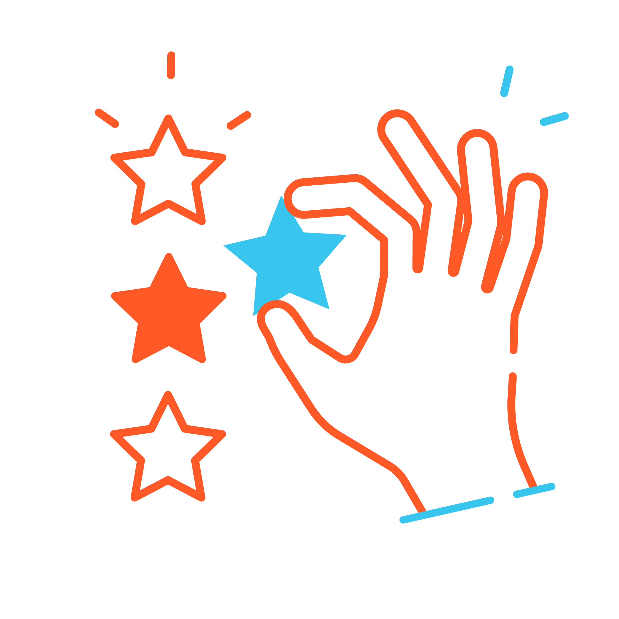A simple line drawing of a hand picking a blue star from a row of three orange stars, with accent lines suggesting movement—perfect for illustrating Franchise Digital Marketing success.