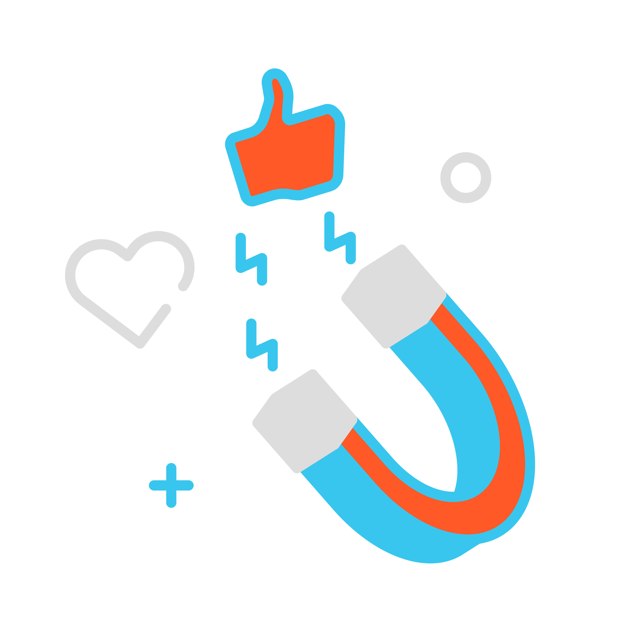 A stylized blue and red horseshoe magnet attracts a red thumbs-up icon, symbolizing Franchise Digital Marketing. Nearby, minimalist outlines of a heart, a circle, and a plus sign appear on a light background.