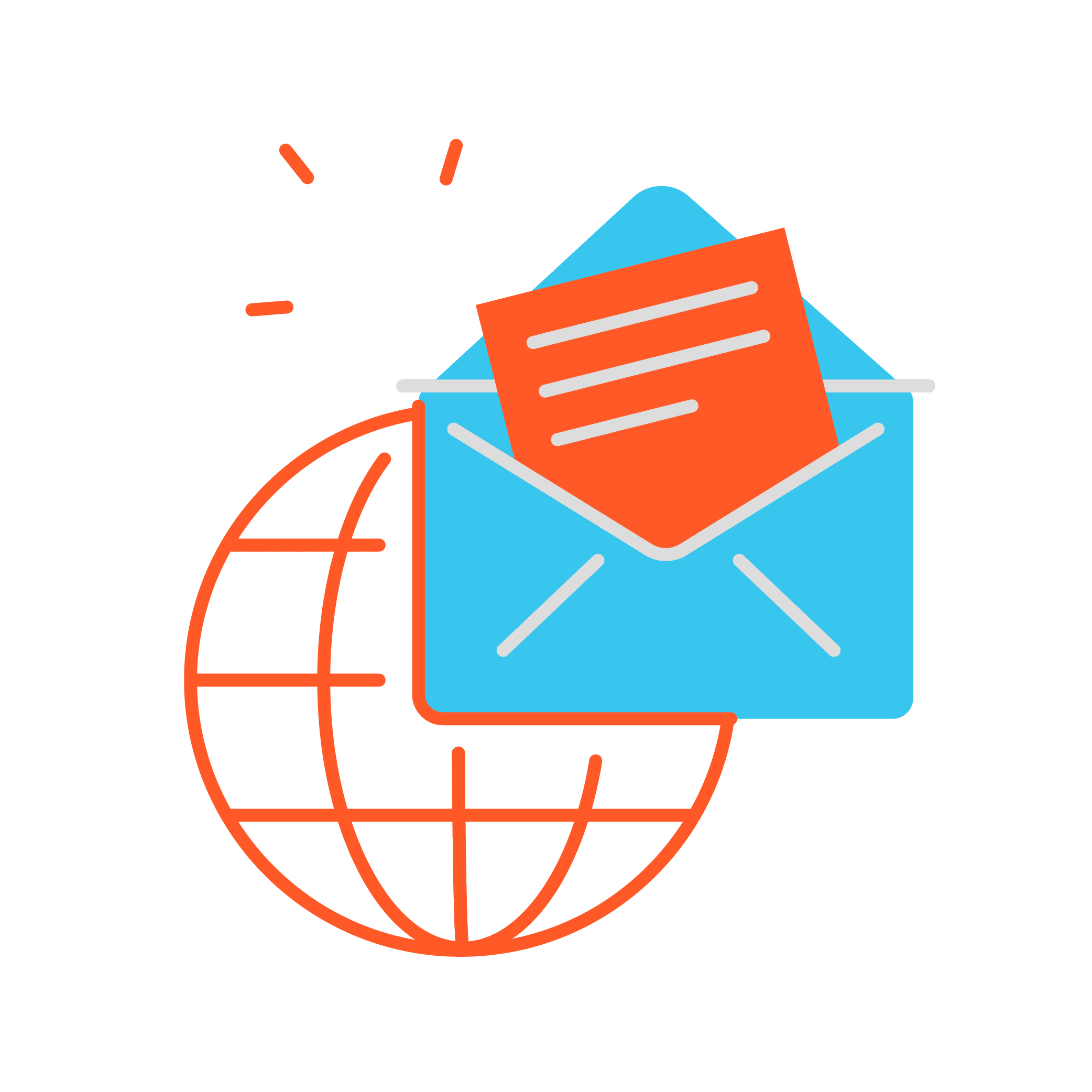 Illustration of an open blue envelope with a red letter inside, placed behind an orange globe outline, symbolizing global communication or Franchise Digital Marketing. The light gray background enhances the modern, connected theme.
