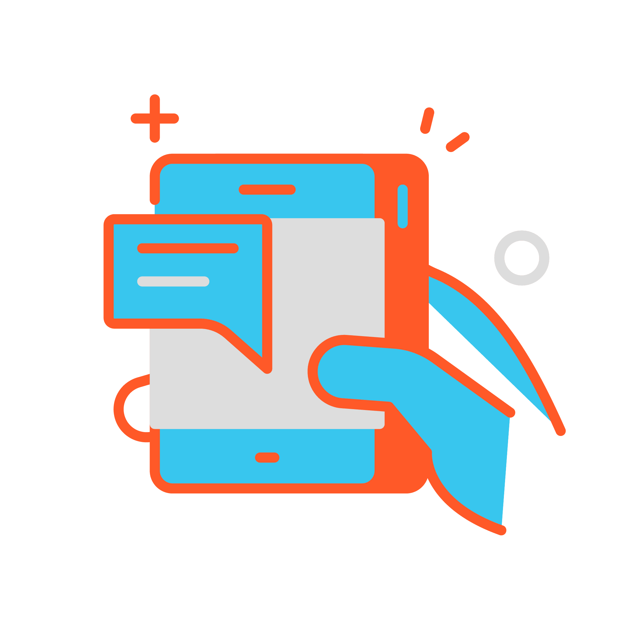 Illustration of a hand holding a smartphone with a messaging app open, displaying a speech bubble—perfect for showcasing Franchise Digital Marketing communication. The image features bright blue and orange tones on a light background.