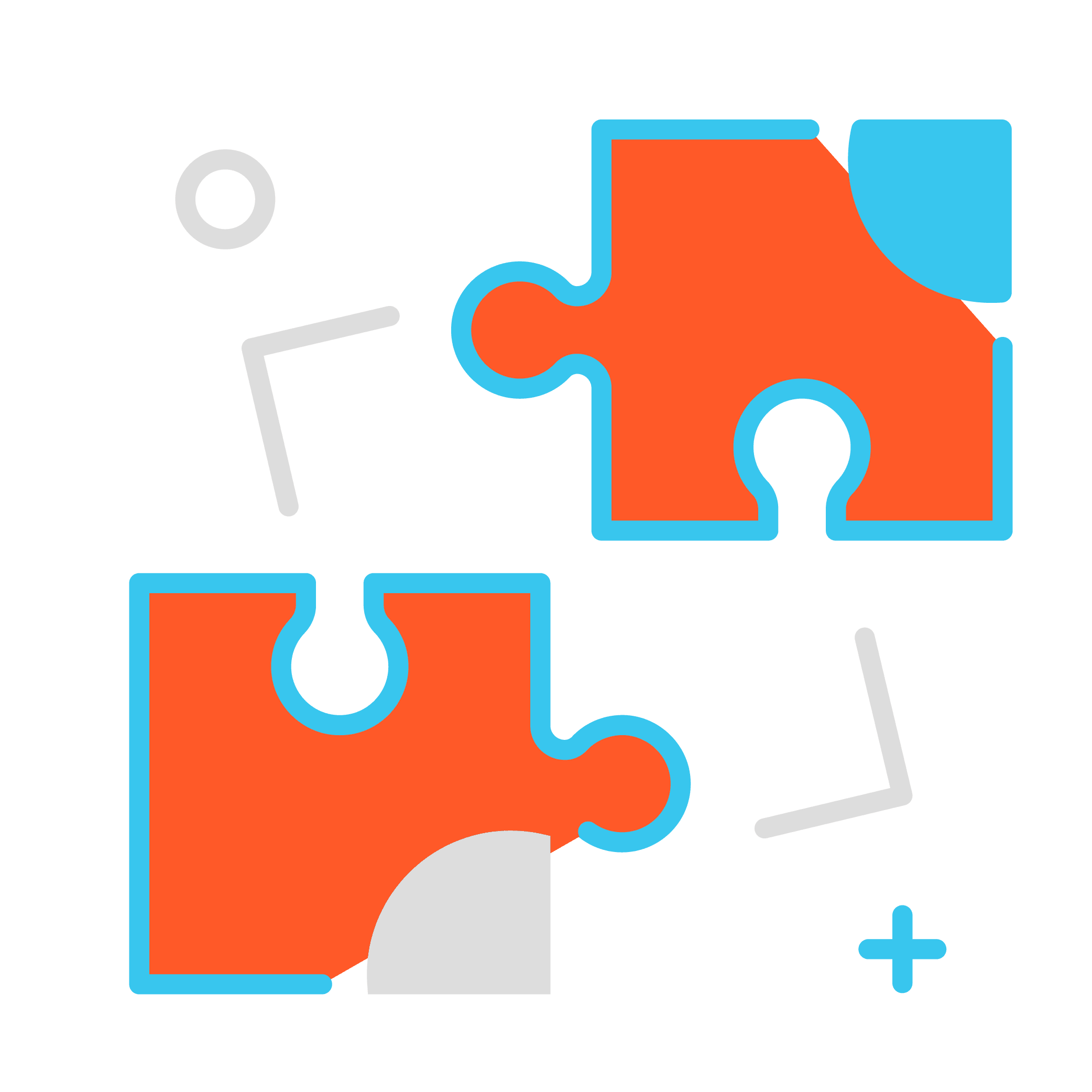 Two orange puzzle pieces with blue outlines, each missing a corner, are shown against a light background featuring abstract gray and blue shapes—a fitting image for Franchise Digital Marketing solutions coming together.