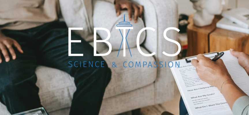 Two people sit across from each other; one holds a clipboard and pen, appearing to take notes. The text EBICS Science & Compassion is overlaid with the Space Needle forming part of the letter I.