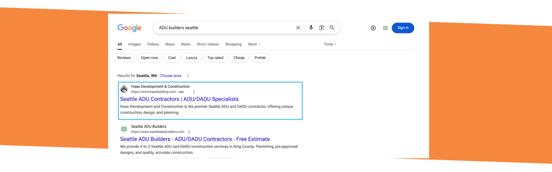 a screenshot of SERP of Haas Development and Construction