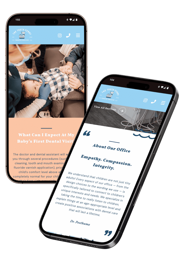 The Tooth Ferry Pediatric Dentistry website on iPhone mockups