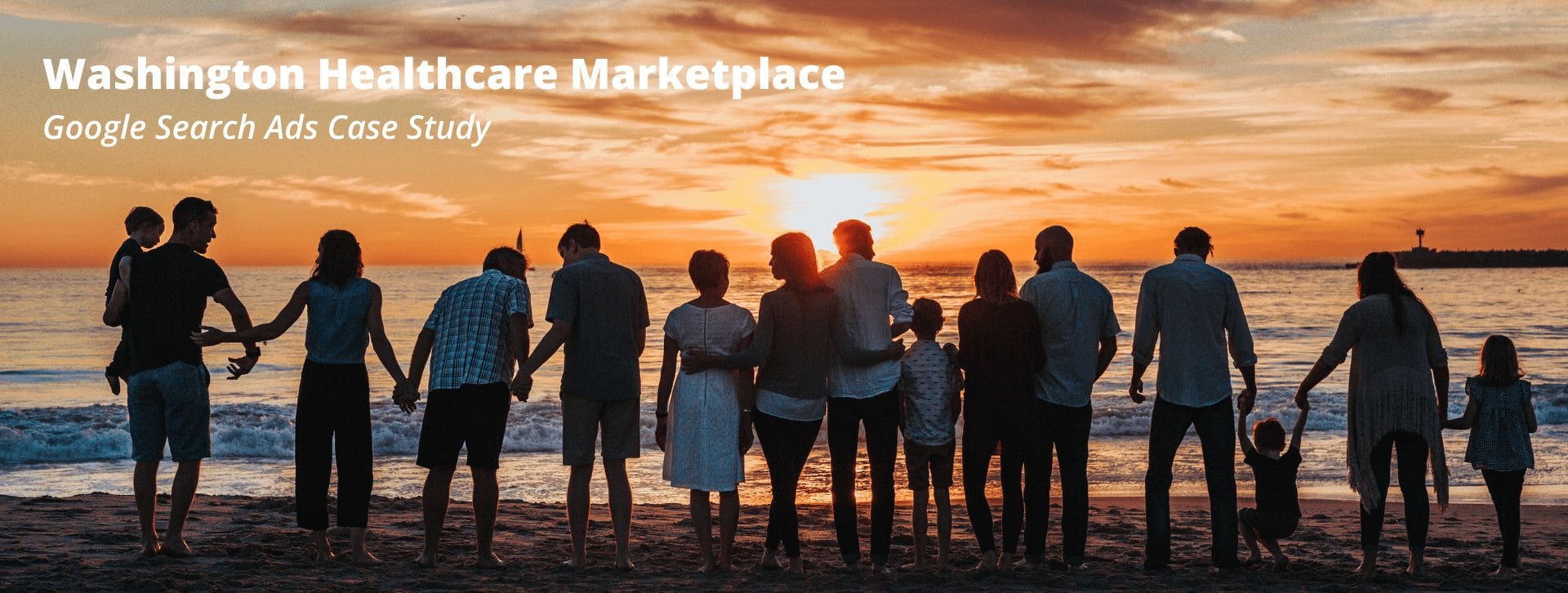 Line of people with backs facing toward a beautiful sunset, hugging and holding hands