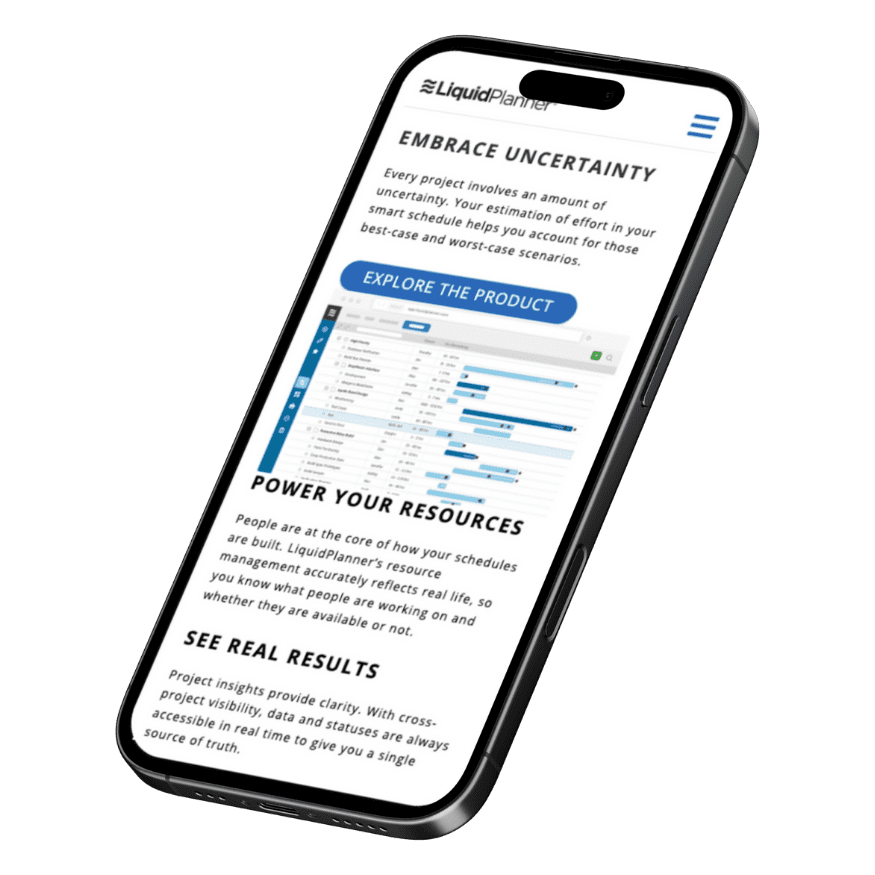 Mobile view of the Liquid Planner website
