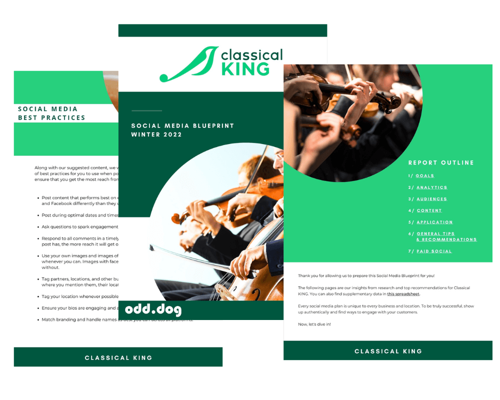A set of three marketing documents for Classical King featuring an orchestral violin section, a green and white color scheme, and text about social media best practices and a report outline.