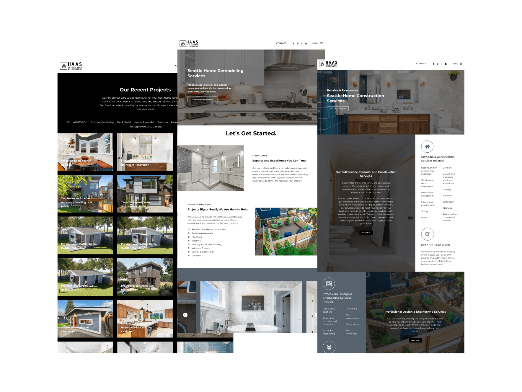 Three webpages from the Haas Development & Construction website