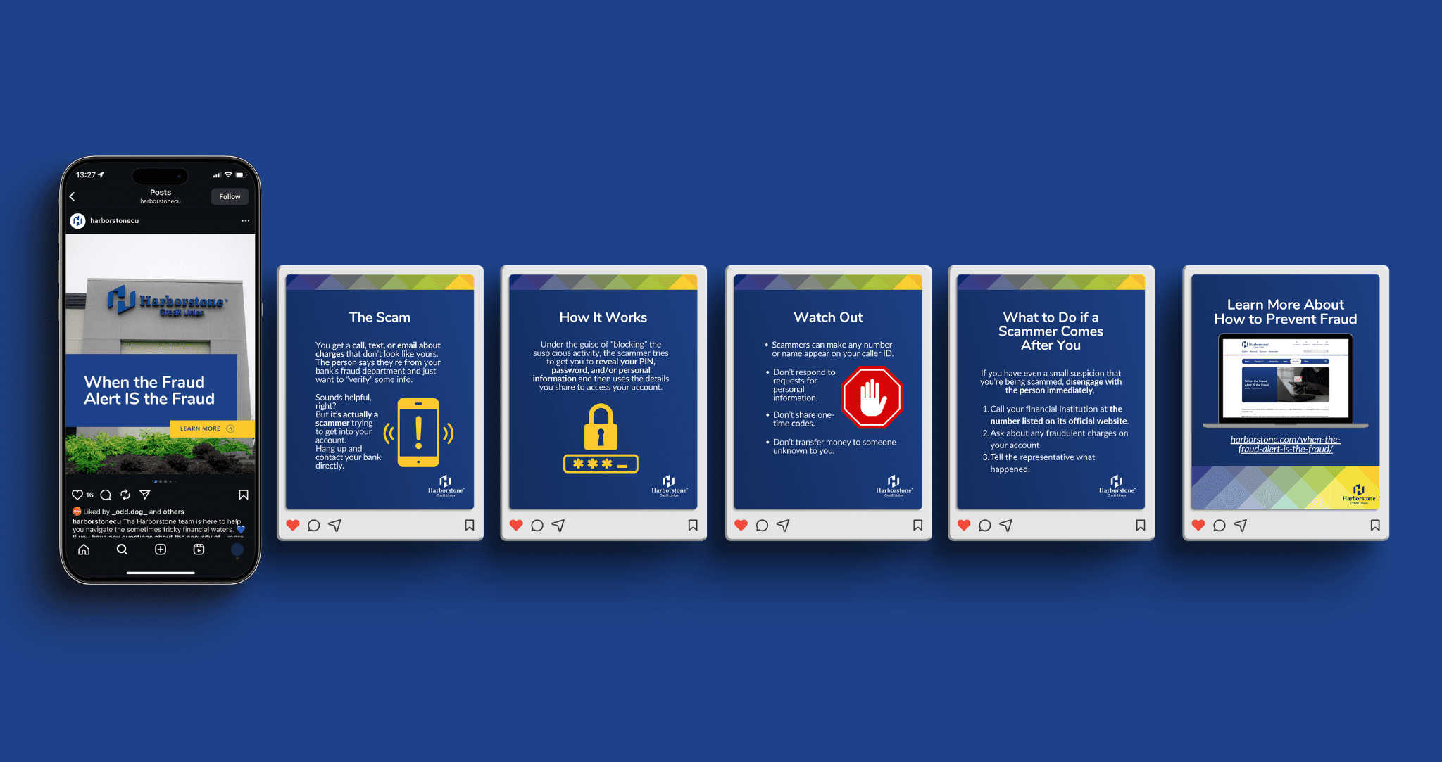 A mobile phone displaying the initial slide of a carousel post on Harborstone's Instagram, screenshots of the other 5 to the right