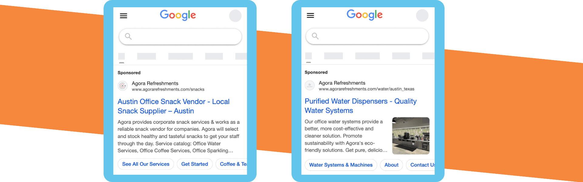 Two Google Ads previews showing Agora Refreshments's optimized ads at the top of the page.