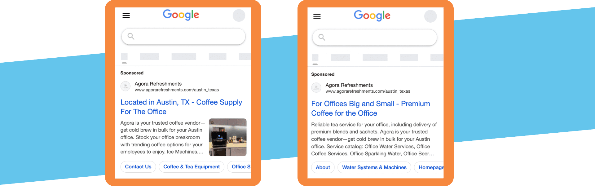 Two Google Ads previews showing Agora Refreshments' optimized ads related to their coffee supply service.