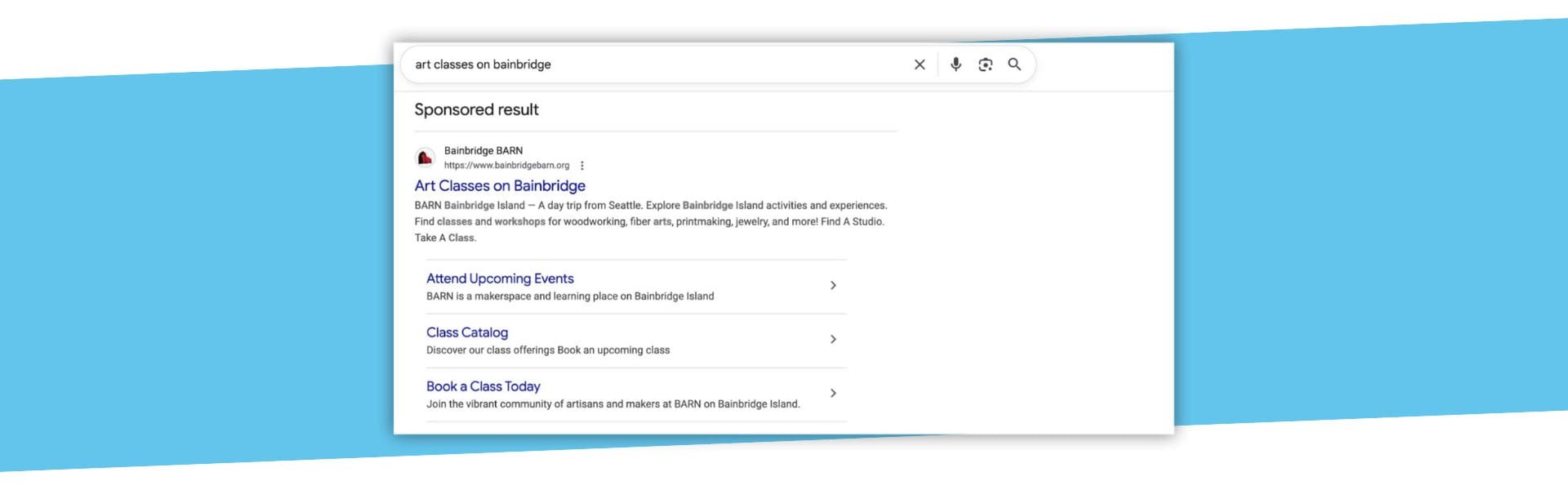 Search results for art classes BARN Google Ads Grant ads.