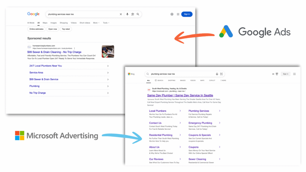 Screenshots comparing how Google Ads appear and Bing Ads appear