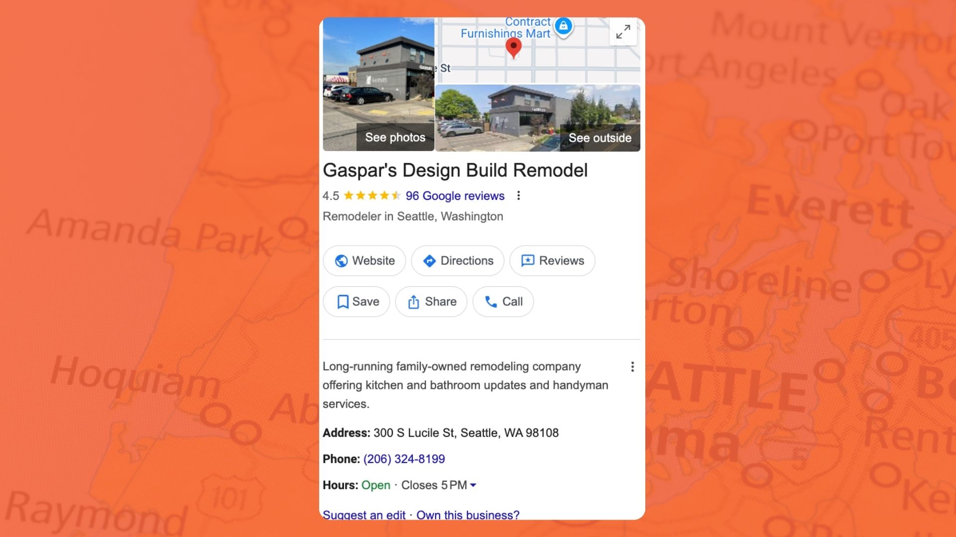 Screenshot of Gaspars Construction Google Business Profile on orange map background
