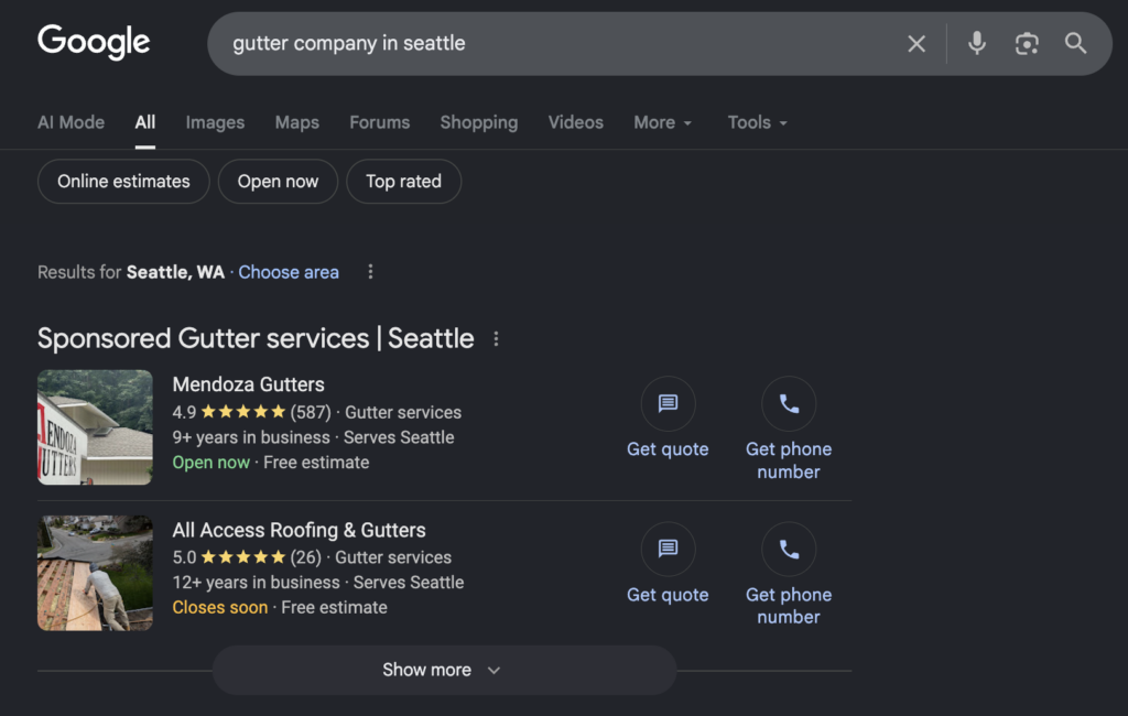 a screenshot of a google search for "gutter company in seattle" with the results showing two google local services ads