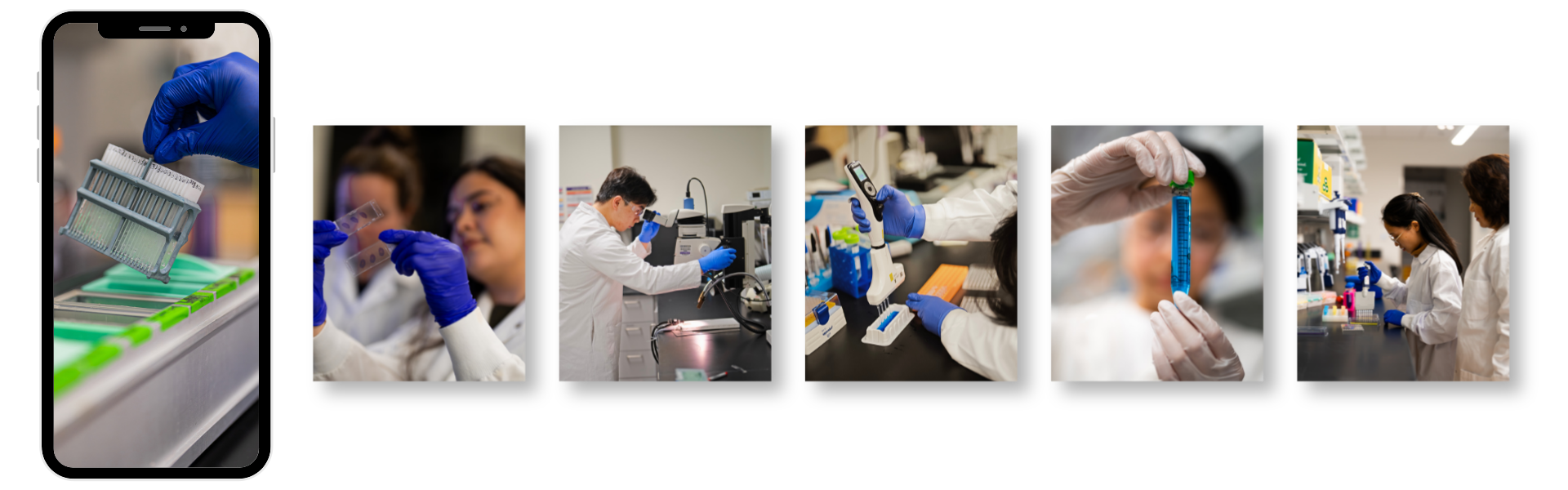 A collage shows uwmdi scientists in lab coats conducting experiments with lab equipment and test tubes, alongside a close-up of a gloved hand handling a tray of samples displayed on a smartphone screen.