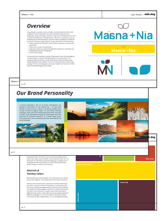3 pages of Maana + Nia brand guide: logo overview, brand personality, and color palette